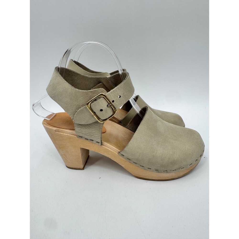Bryr High Heel Clog Women 38 Taupe Suede Leather Ankle Strap Wood Sole